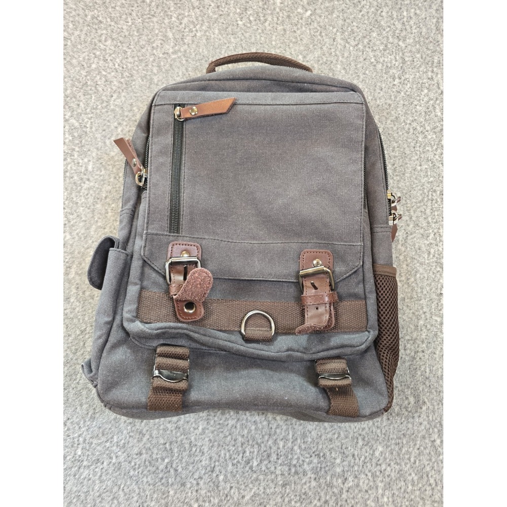 Canvas Messenger Bag - Gray/Brown - Magnetic Snaps & Several Zippered Areas